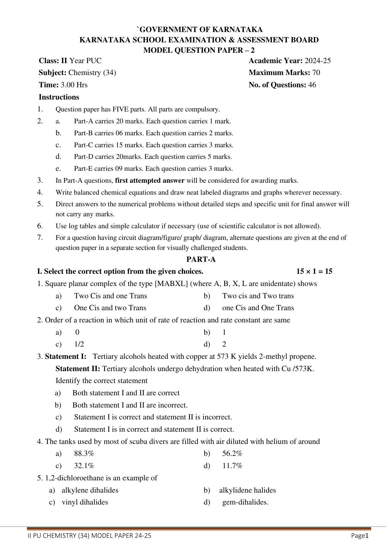 Karnataka II PUC Chemistry Model Question Paper II 2025 - Page 1