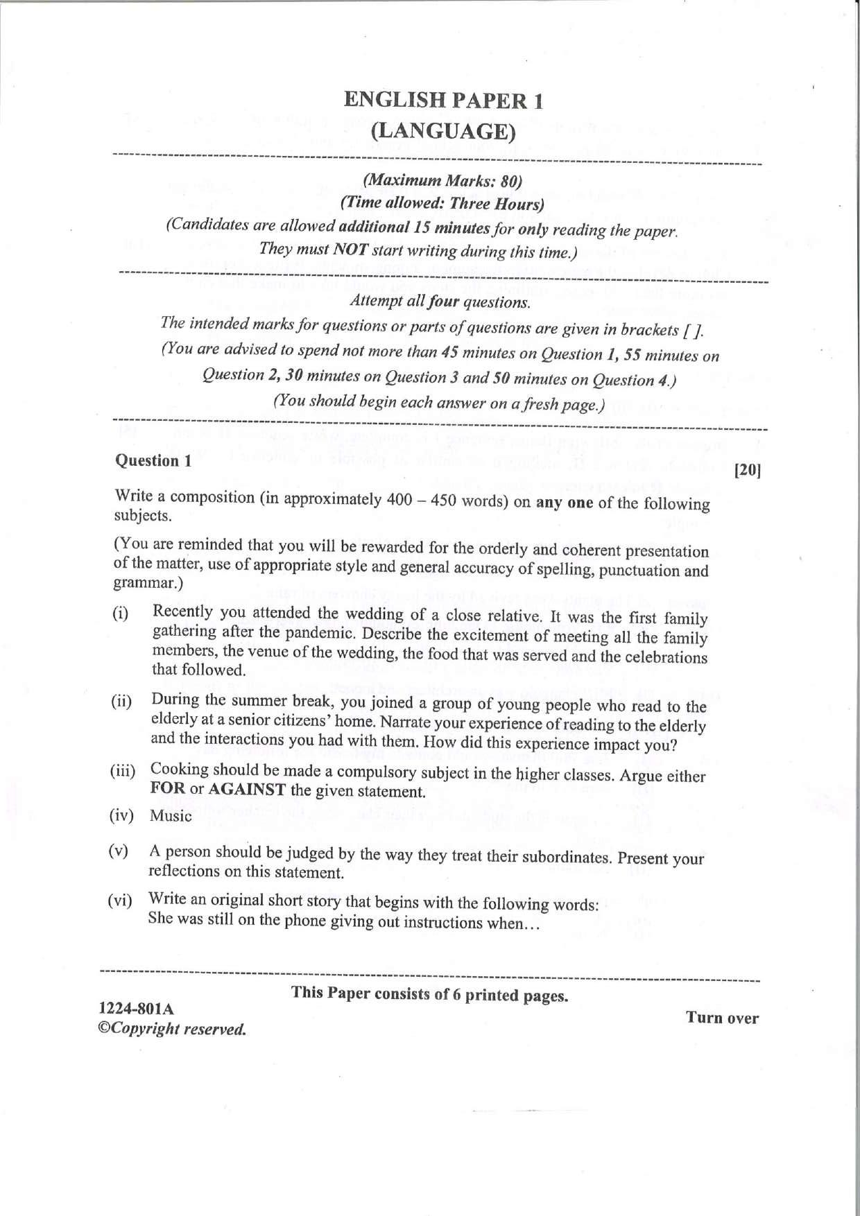 ISC Class 12 English Language 2024 Question Paper - Page 1