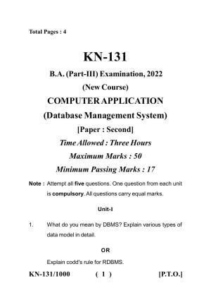 Sarguja University Question Paper - 2022 :   B.A. Part Three  (10+2+3) 3 Y DC Computer Applications Paper II