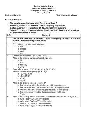 CBSE Class 12 Computer Science Sample Paper 2021-22