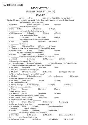 Hemchand North Gujarat University Sample Paper July-Sept 2021:  B.R.S- Sem - 1 English Paper Code - 3178 (New  Course) English