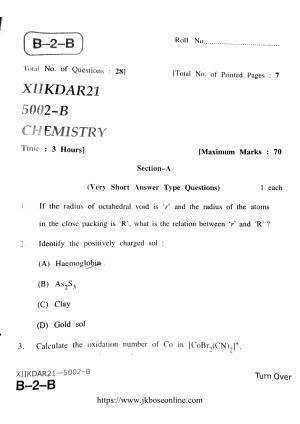 JKBOSE Class 12 Chemistry 5002-B Question Papers 2021