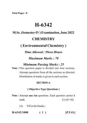 Sarguja University Question Paper July-2022 :  M.Sc. Chemistry (Fourth sem.) Environmental Chemistry Paper 1