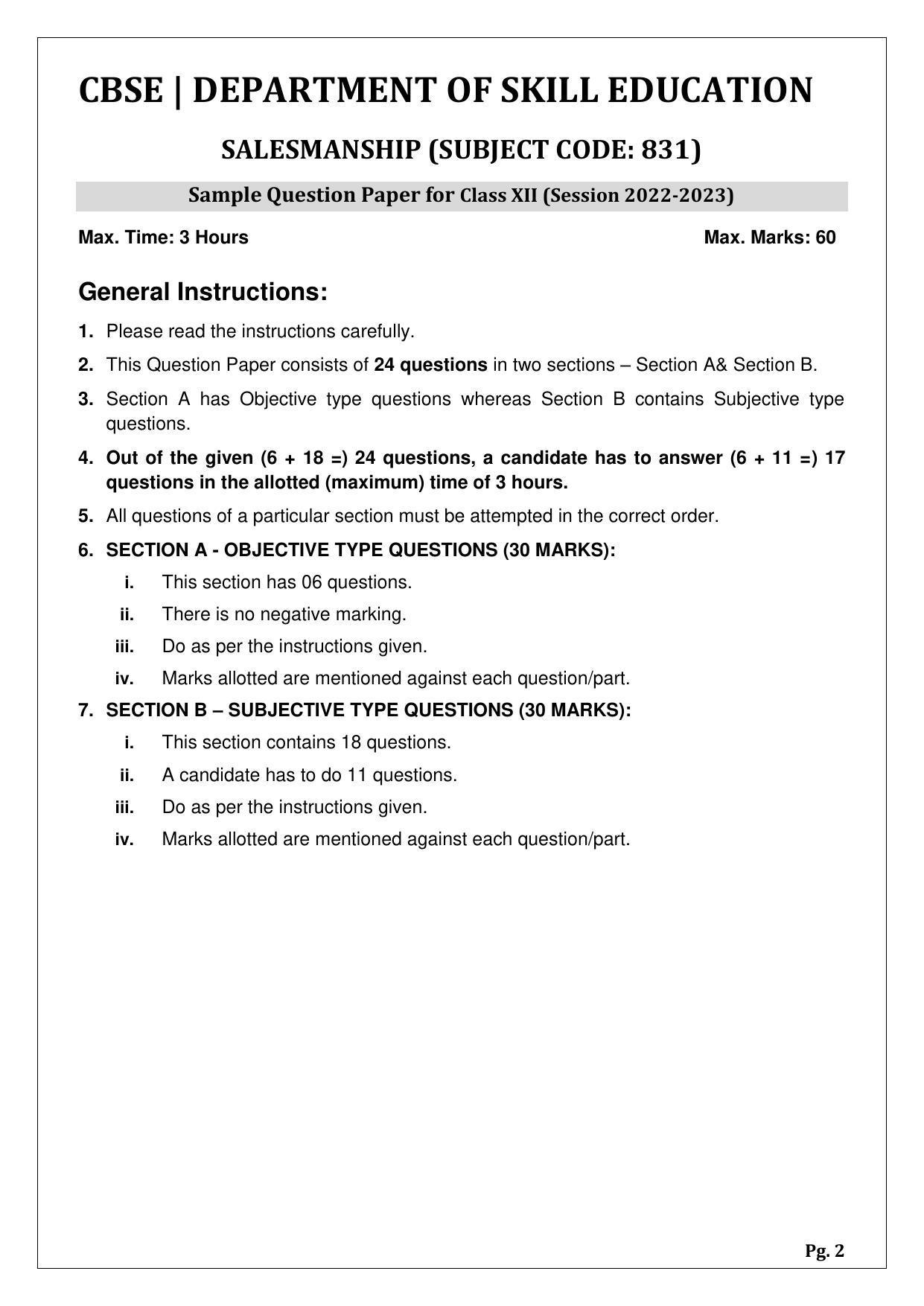 CBSE Class 12 Salesmanship (Skill Education) Sample Papers 2023 - Page 2