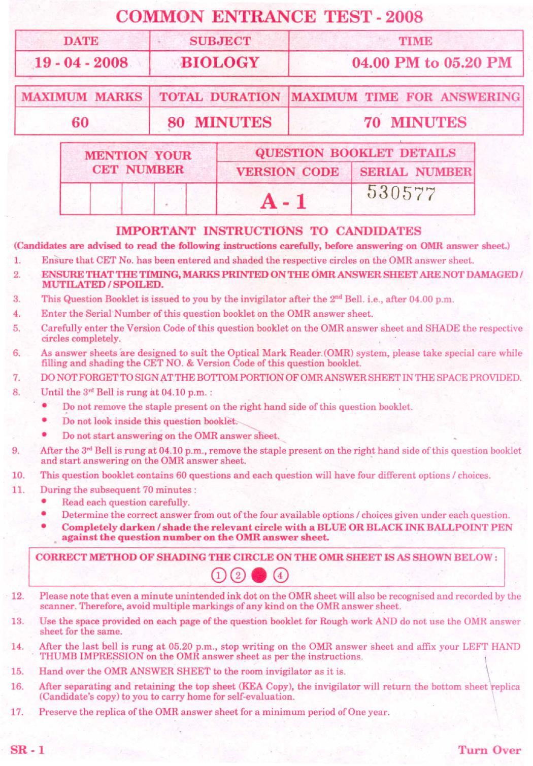 KCET Biology 2008 Question Papers - Page 1
