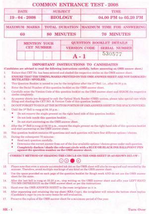 KCET Biology 2008 Question Papers