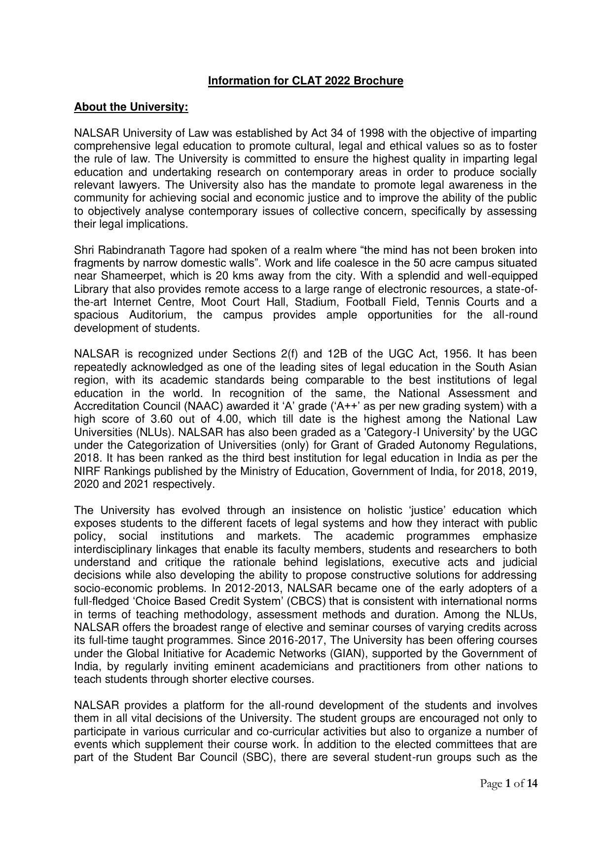 CLAT 2022 Information Brochure - Page 1