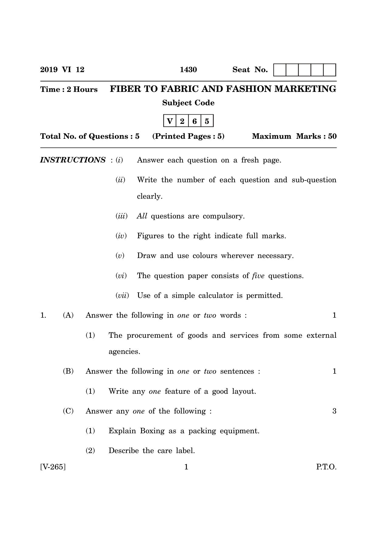 Goa Board Class 12 Fibre to Fabric & Fashion Marketing  June 2019 (June 2019) Question Paper - Page 1