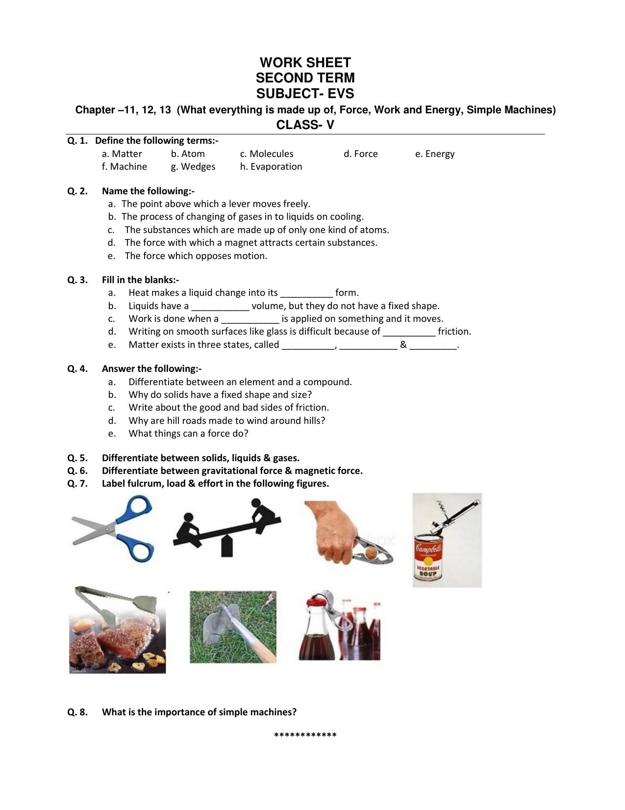 Worksheet for Class 5 Environmental Studies Force, Work and Energy Assignment - Page 1