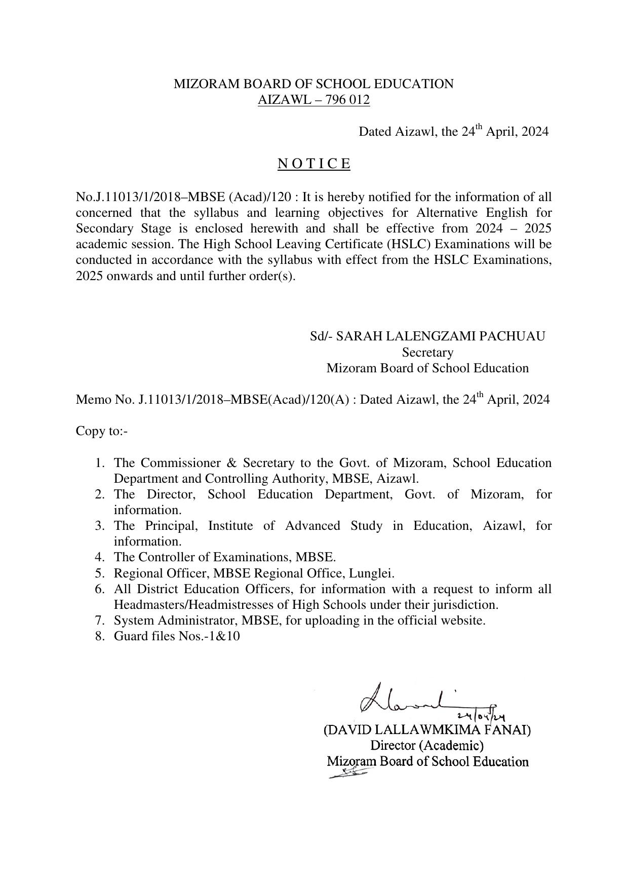 Mizoram Board Class 9 English Syllabus - Page 1