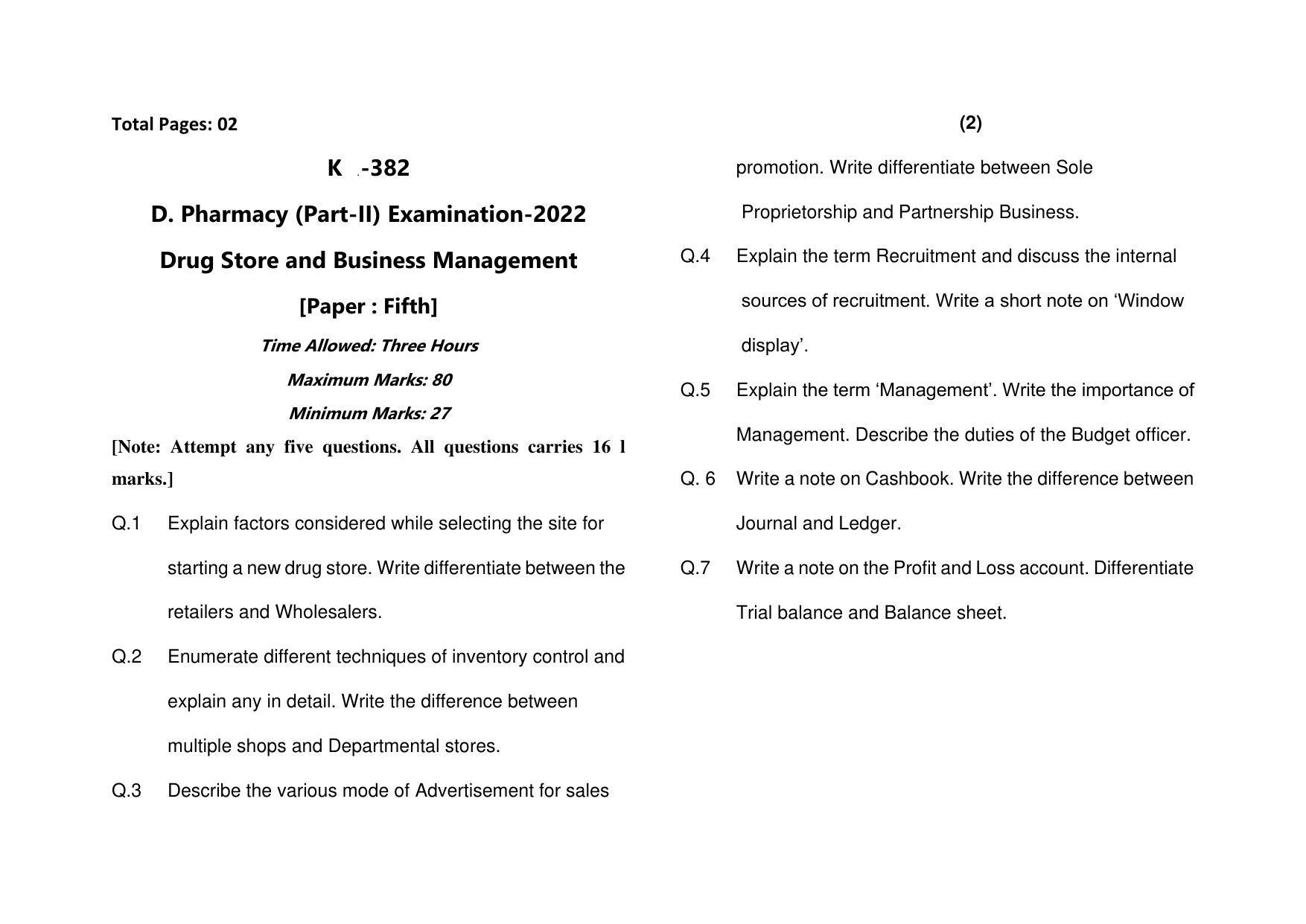 Sarguja University Question Paper - 2022 :   Diploma In Pharmacy Part-II Drugs Stores Business Management Paper I - Page 1