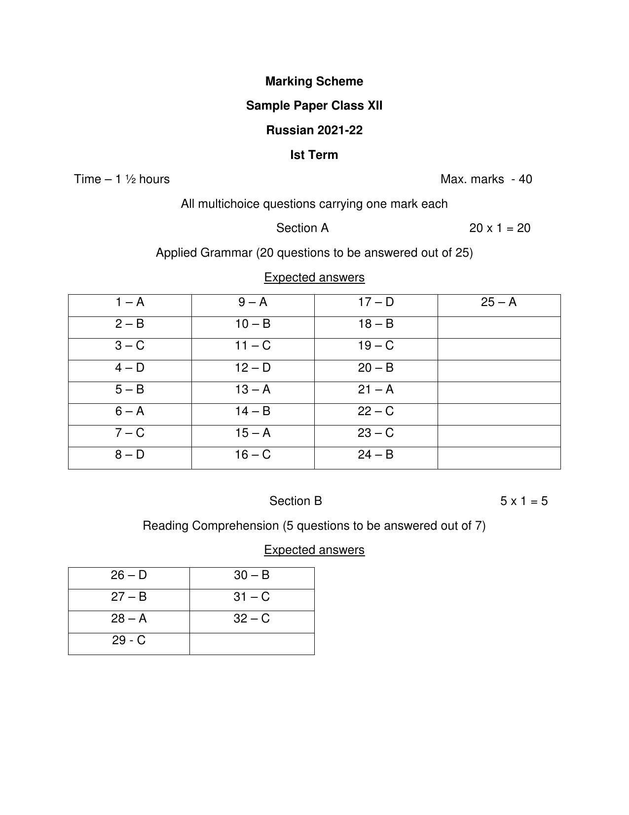 CBSE Class 12th Russian Sample Question Paper Answer Key 2021-22 - Page 1