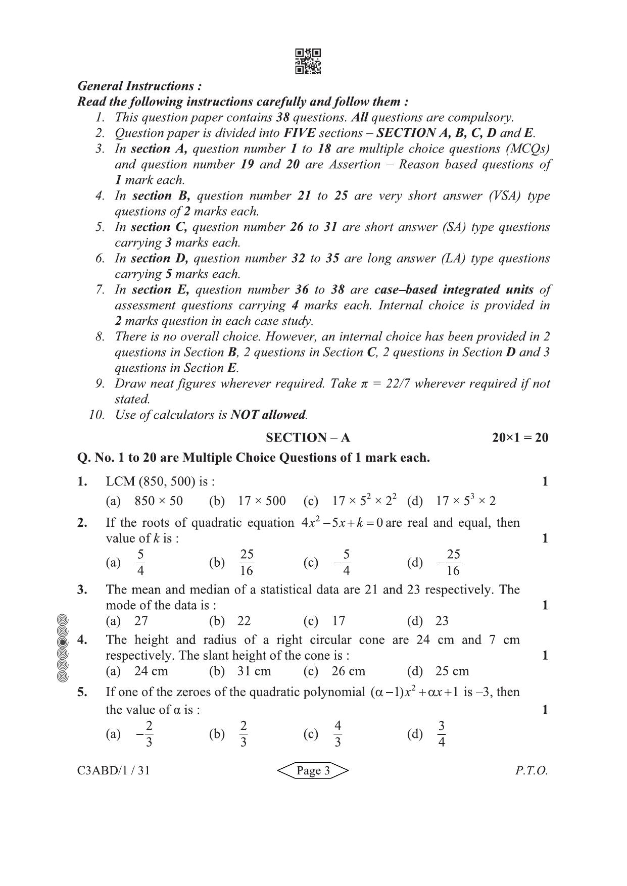 CBSE Class 10 430-1-2 Mathematics Basic 2024 Question Paper - Page 3
