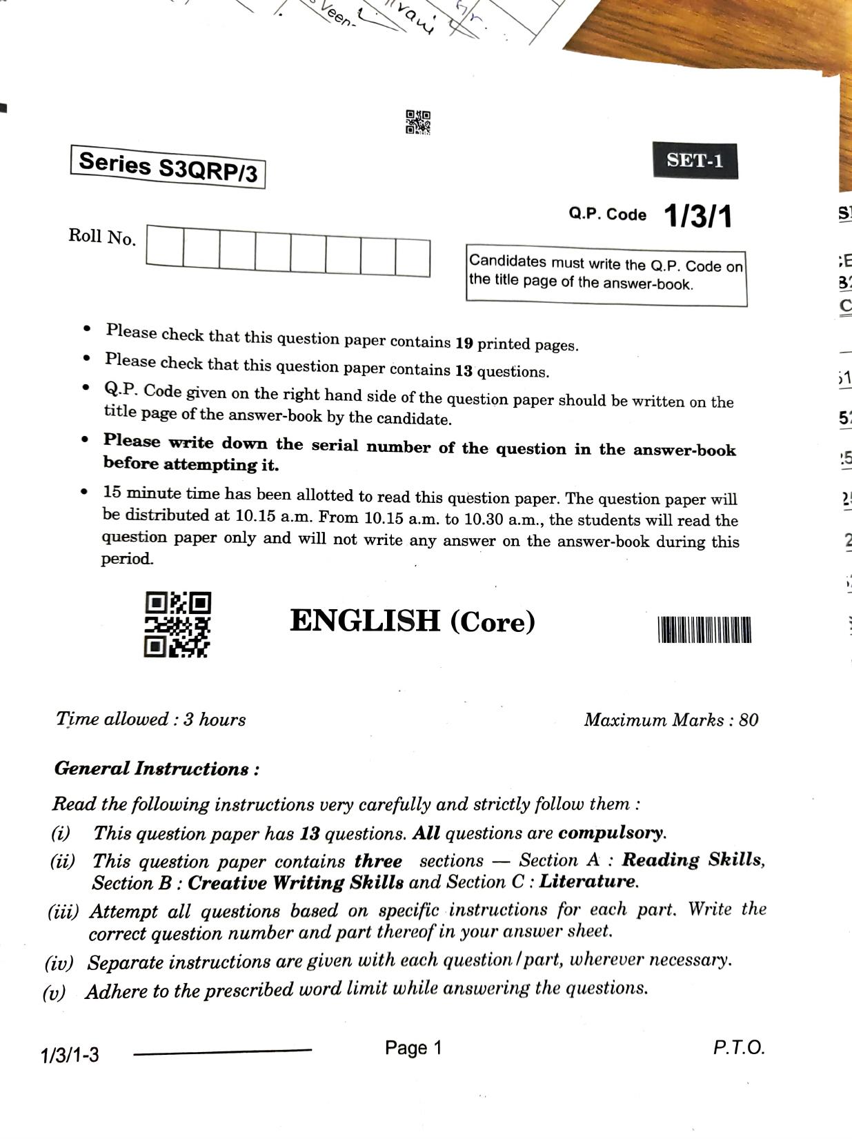 1/3/1 English Core Set 1 2024 Question Paper - Page 1