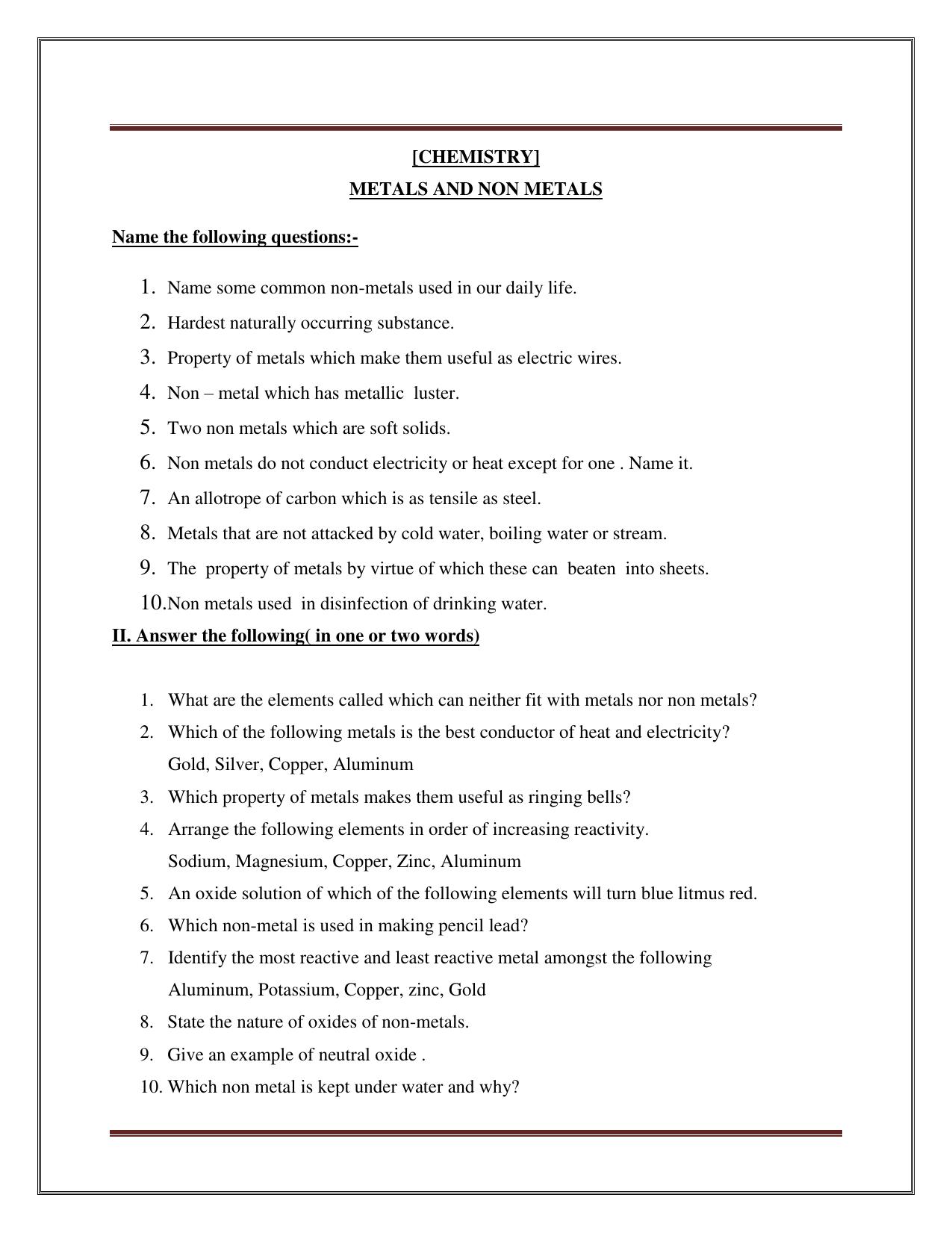 CBSE Worksheets for Class 8 Science Materials-Metals and Non-Metals Part B Assignment - Page 1