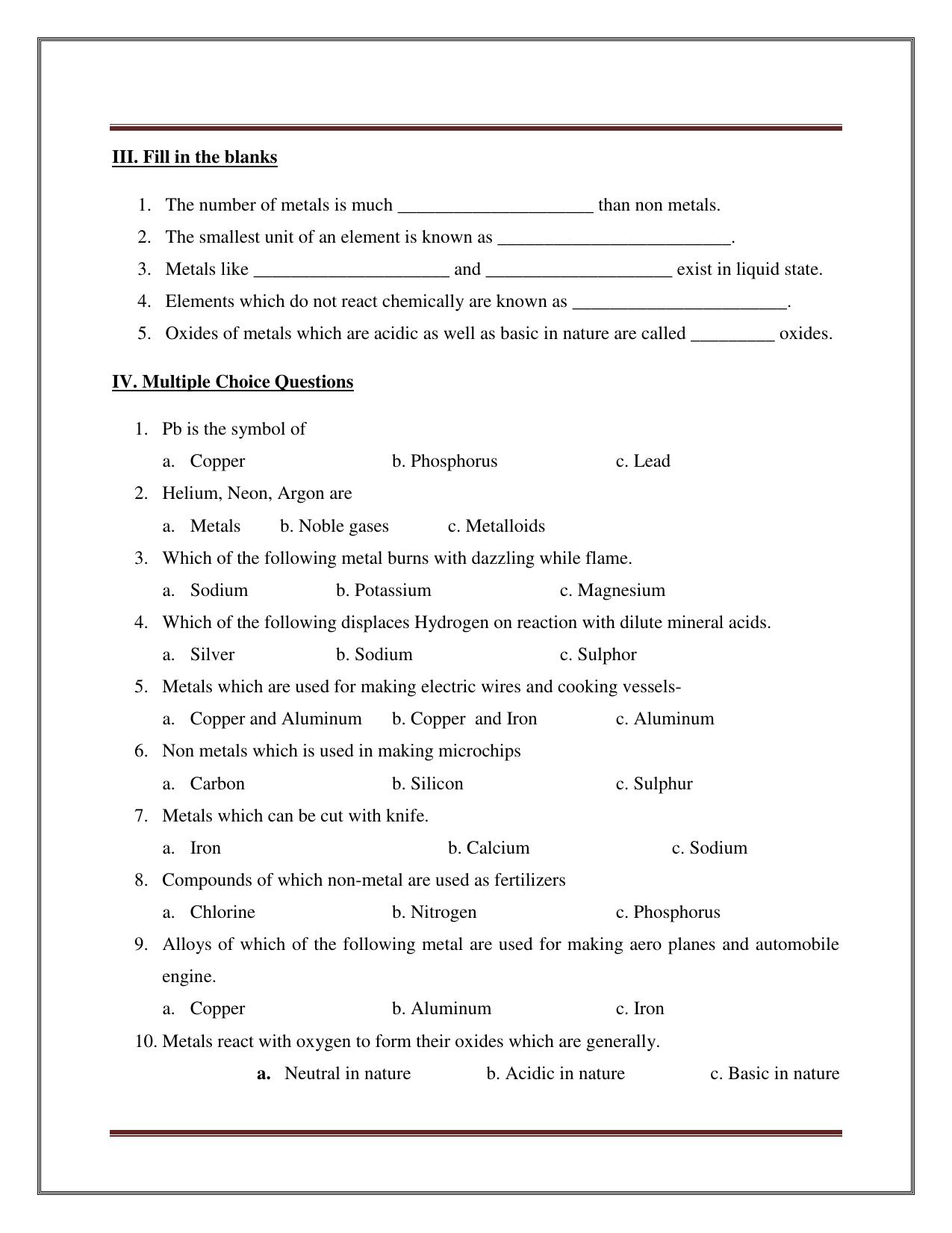 CBSE Worksheets for Class 8 Science Materials-Metals and Non-Metals Part B Assignment - Page 2