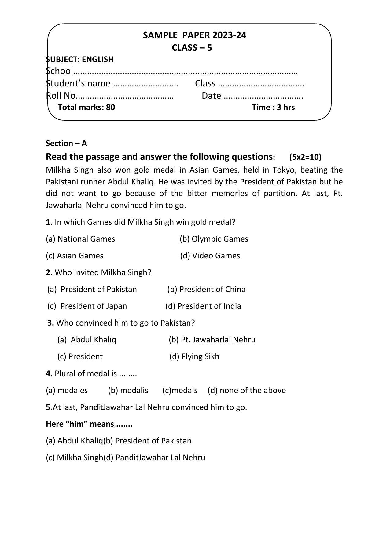 Pseb Class 5th English Paper 2024 Pdf Punjab Board 5th English