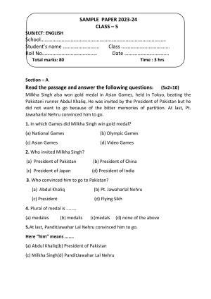 PSEB Class 5 English Model Paper 2024