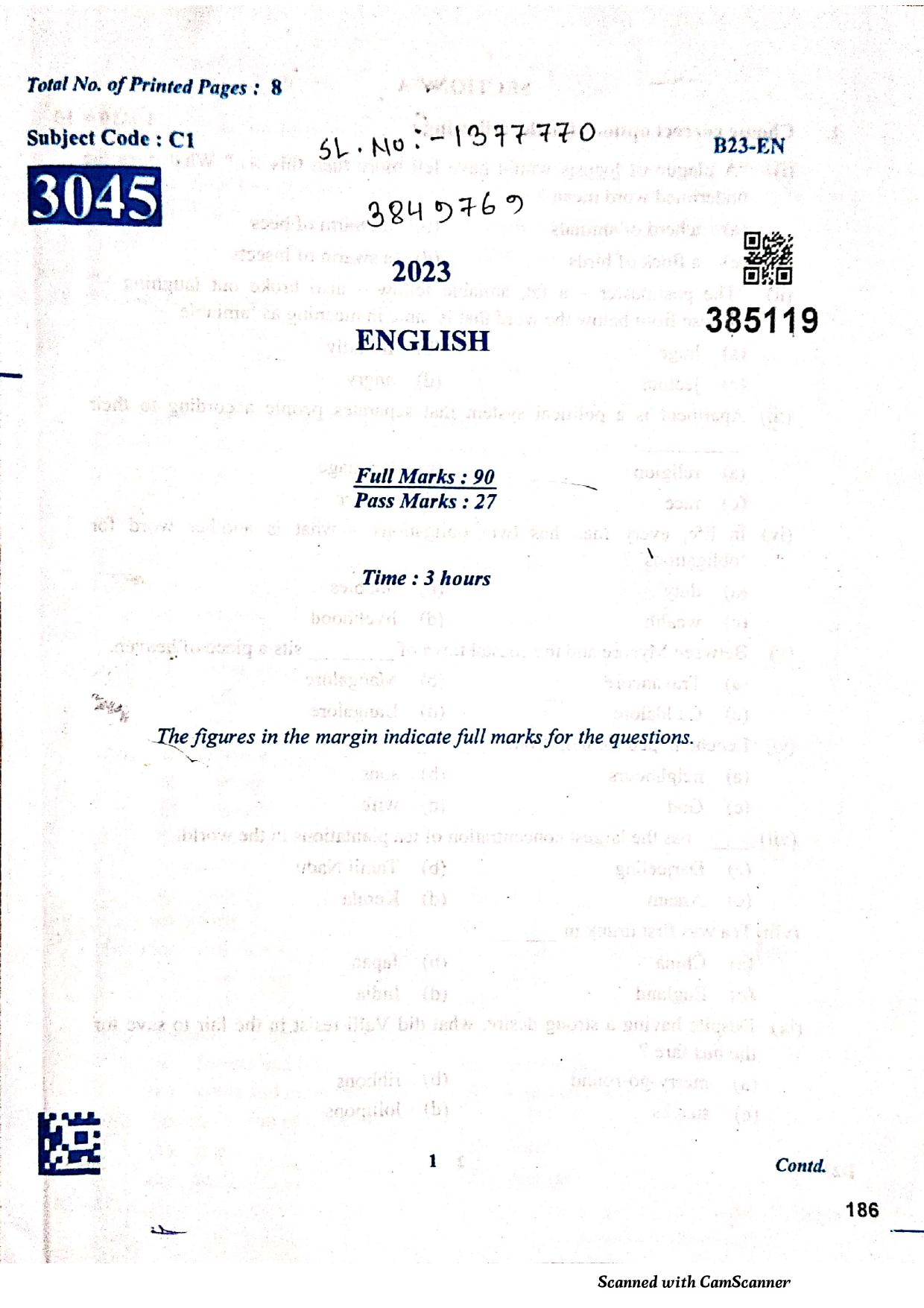 SEBA HSLC English Question Paper 2023 - Page 1
