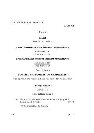 Meghalaya Board (MBOSE) Class 10 KHASI (X_22_Kh) 2022 Question Paper