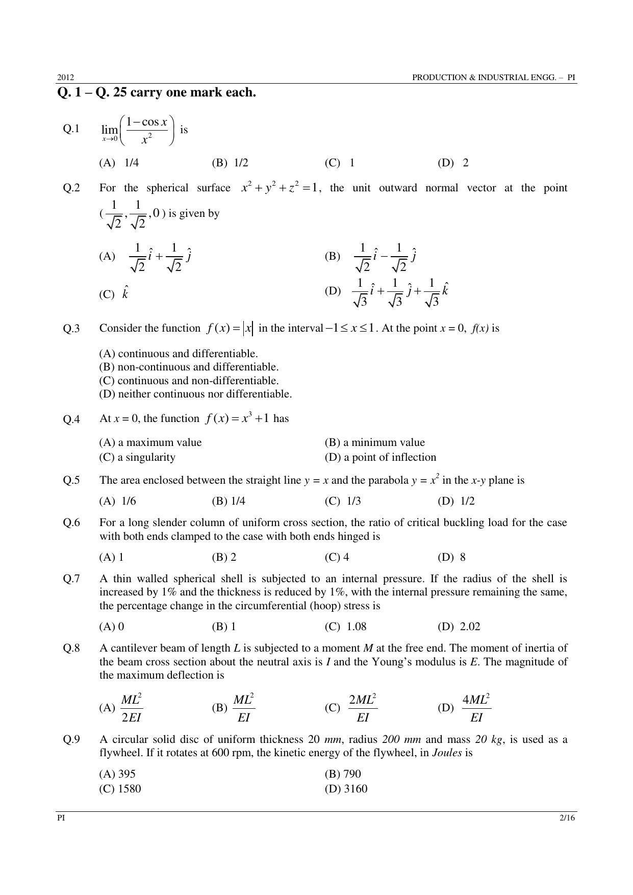 GATE 2012 Production and Industrial Engineering (PI) Question Paper with Answer Key - Page 2