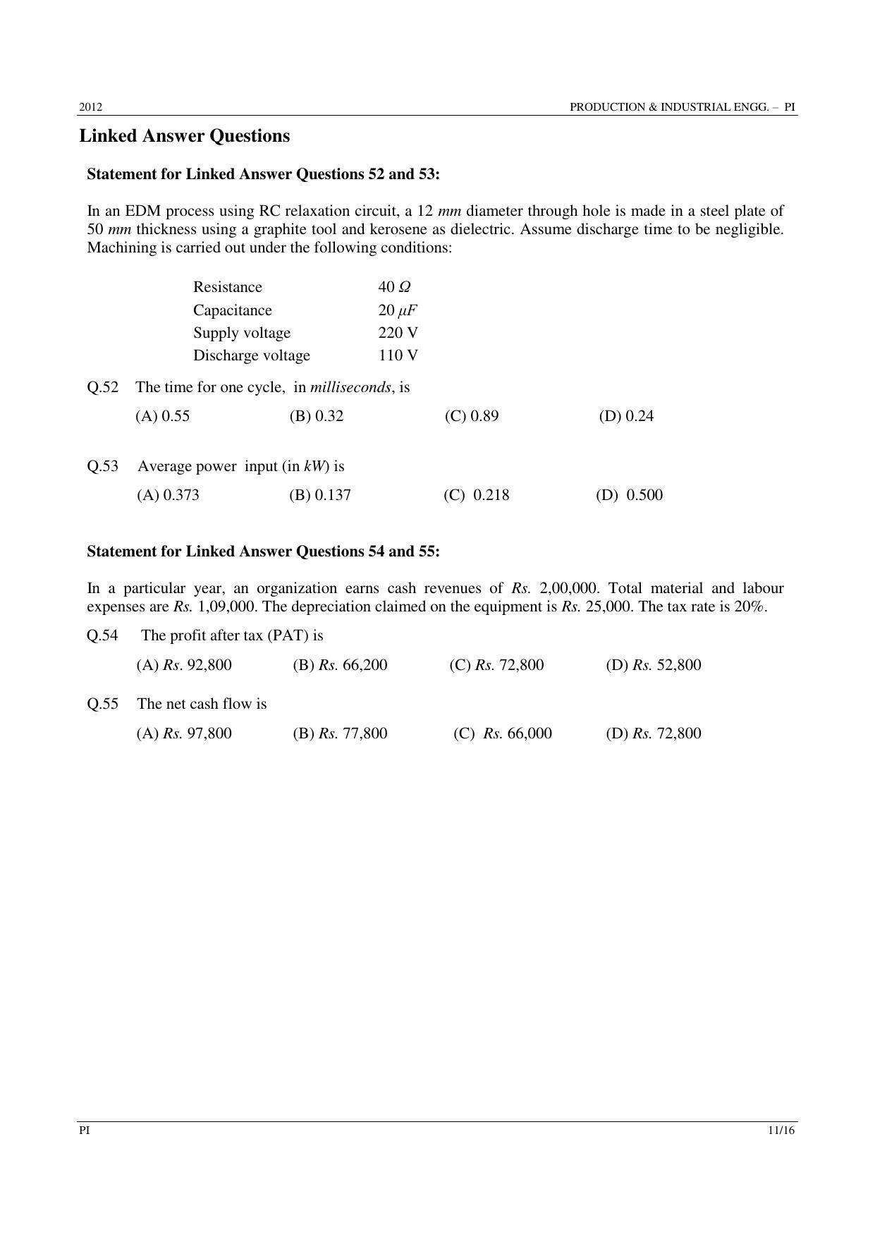 GATE 2012 Production and Industrial Engineering (PI) Question Paper with Answer Key - Page 11