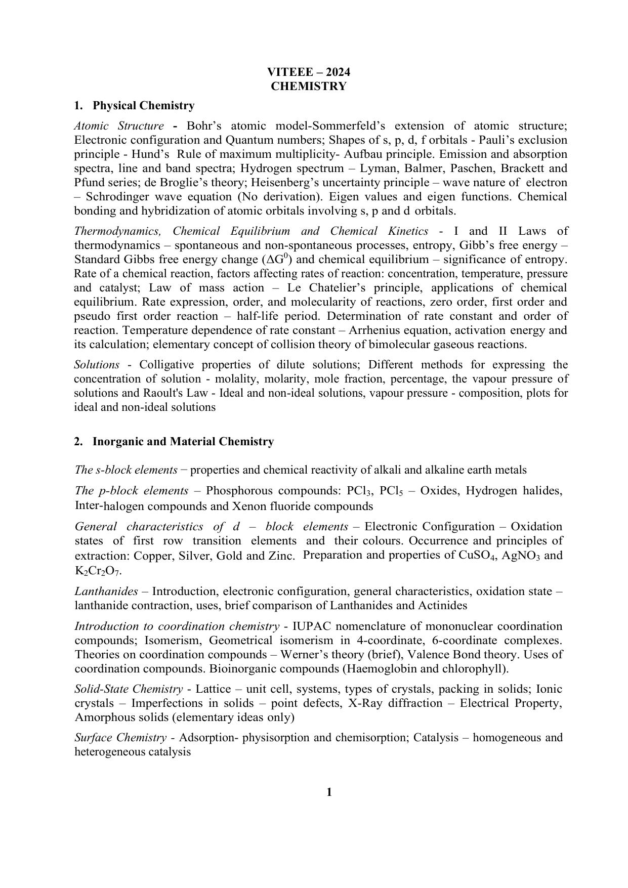 VITEEE 2024 Chemistry Syllabus - Page 1