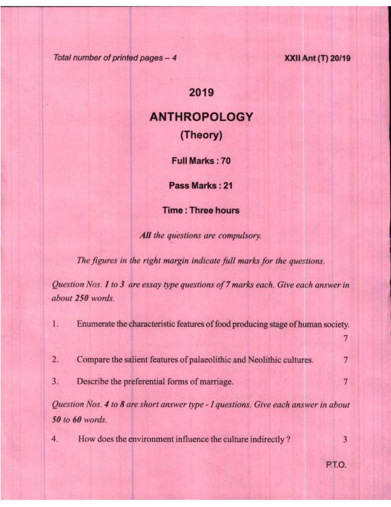 COHSEM Class 12 Anthropology 2019 Question Papers - Page 1