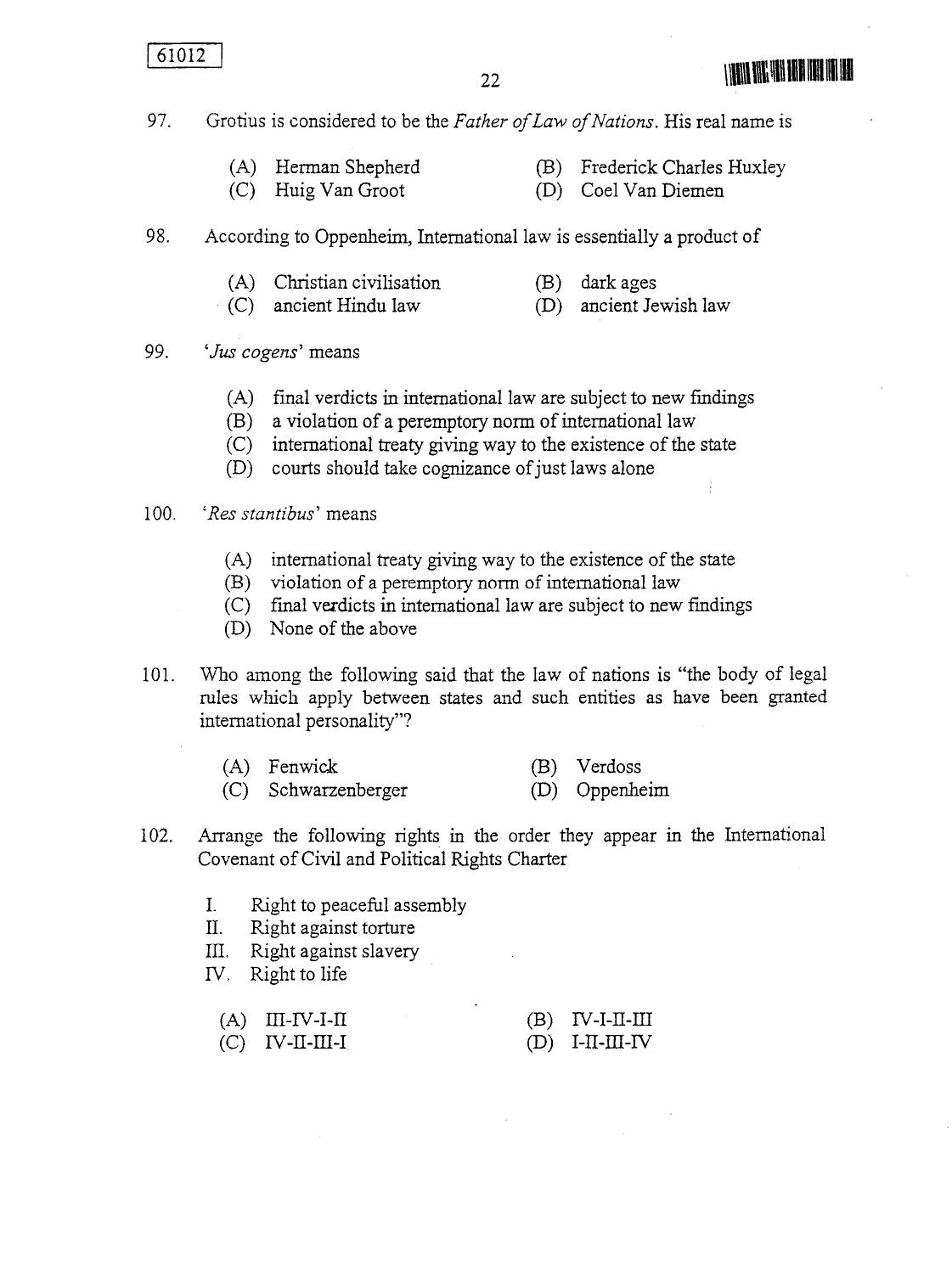 CUSAT CAT 2012 LLM Question Paper - Page 22
