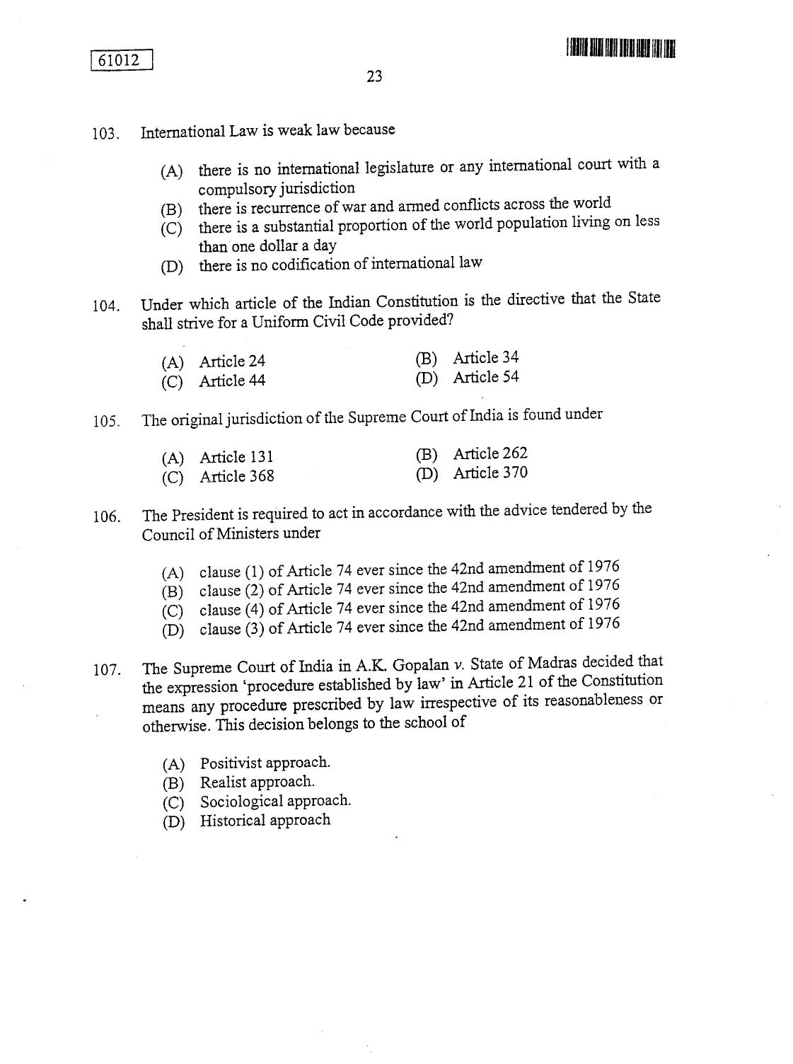 CUSAT CAT 2012 LLM Question Paper - Page 23