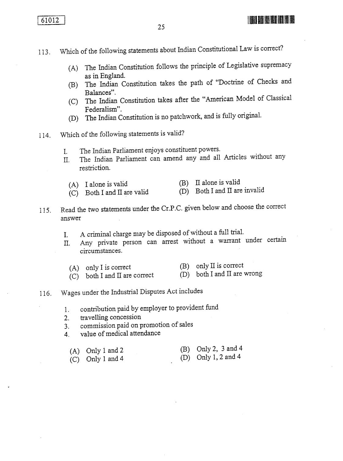 CUSAT CAT 2012 LLM Question Paper - Page 25