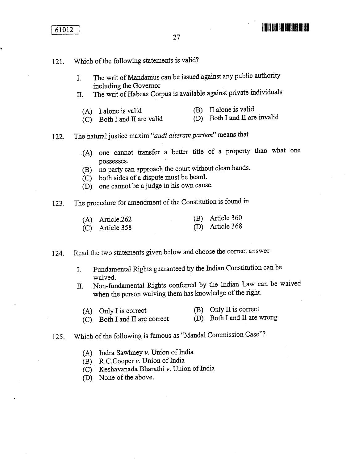 CUSAT CAT 2012 LLM Question Paper - Page 27