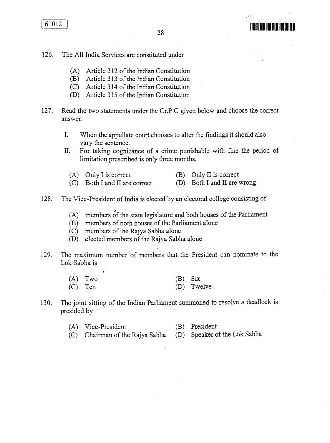 CUSAT CAT 2012 LLM Question Paper - Page 28