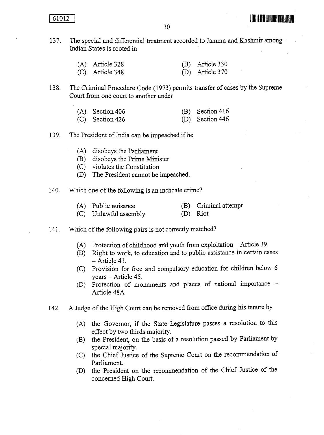 CUSAT CAT 2012 LLM Question Paper - Page 30