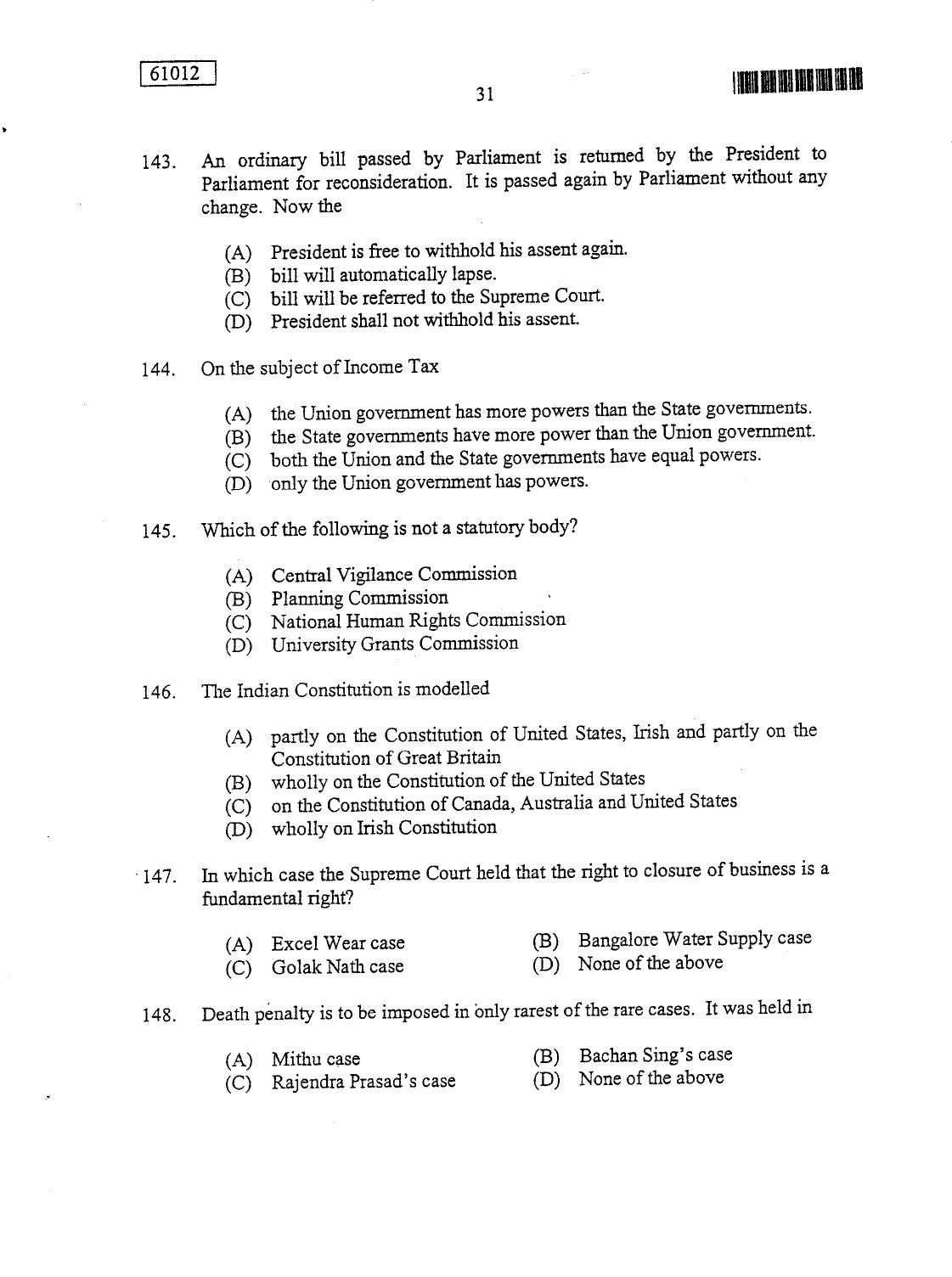 CUSAT CAT 2012 LLM Question Paper - Page 31