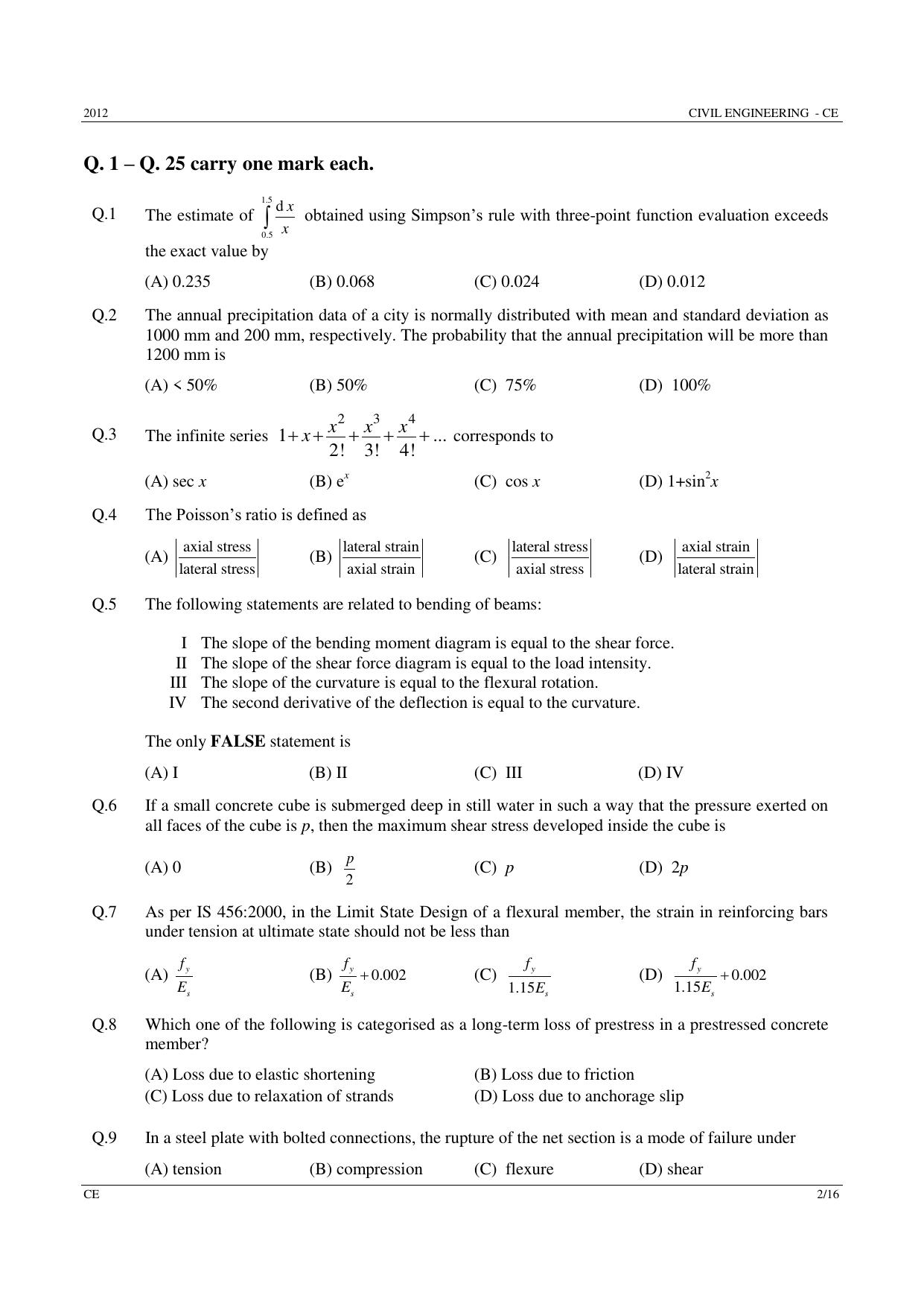 GATE 2012 Civil Engineering (CE) Question Paper with Answer Key - Page 2