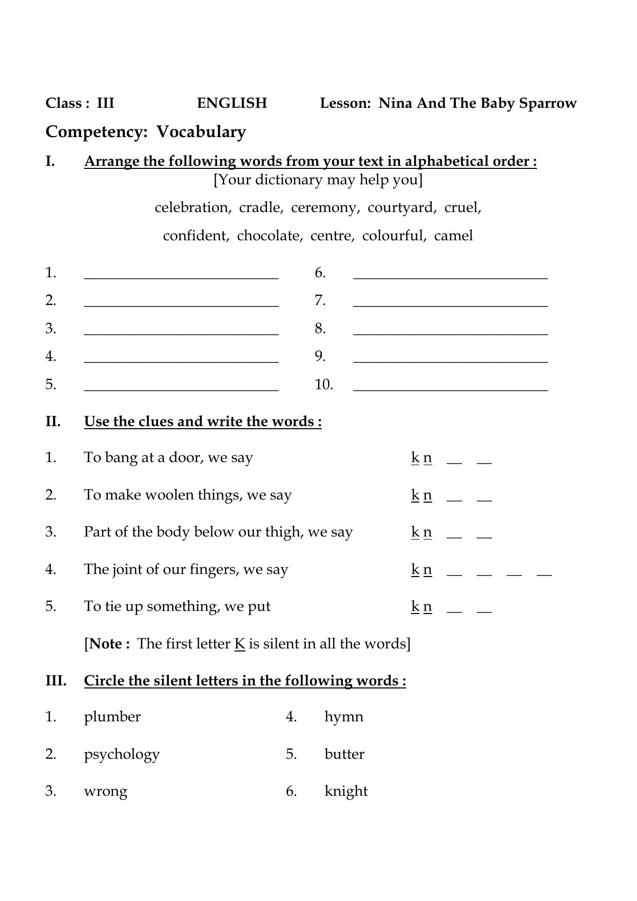 Worksheet for Class 3 English Nina And The Baby Sparrow Assignment - Page 1