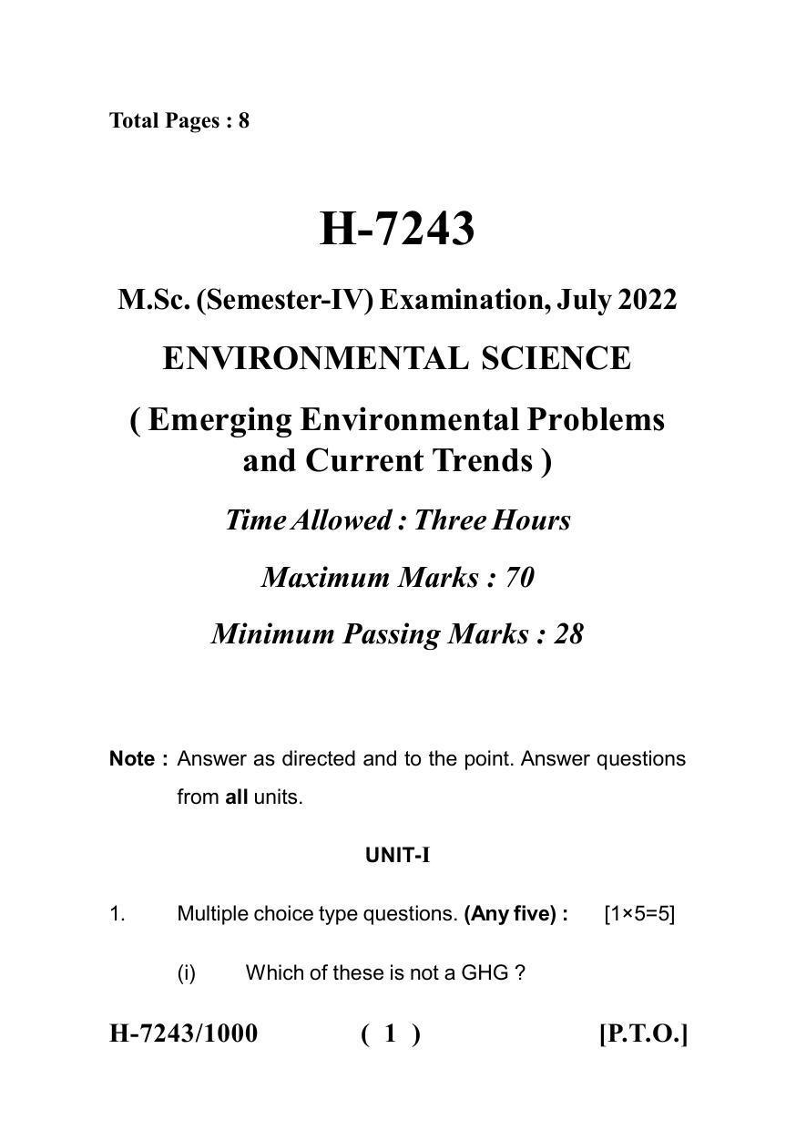 Sarguja University Question Paper July-2022 : M.Sc. In Environmental Science (Fourth sem.)Emeging Environmental Problems & Current Trends Paper 1 - Page 1