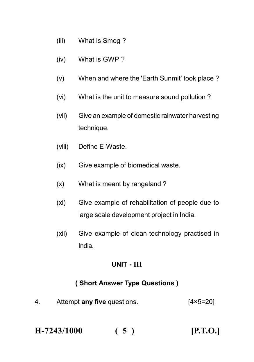 Sarguja University Question Paper July-2022 : M.Sc. In Environmental Science (Fourth sem.)Emeging Environmental Problems & Current Trends Paper 1 - Page 5