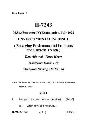 Sarguja University Question Paper July-2022 :   M.Sc. In Environmental Science (Fourth sem.)Emeging Environmental Problems & Current Trends Paper 1