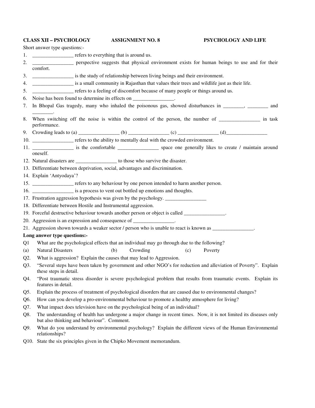 CBSE Class 12 Psychology Assignment 5 - Page 1