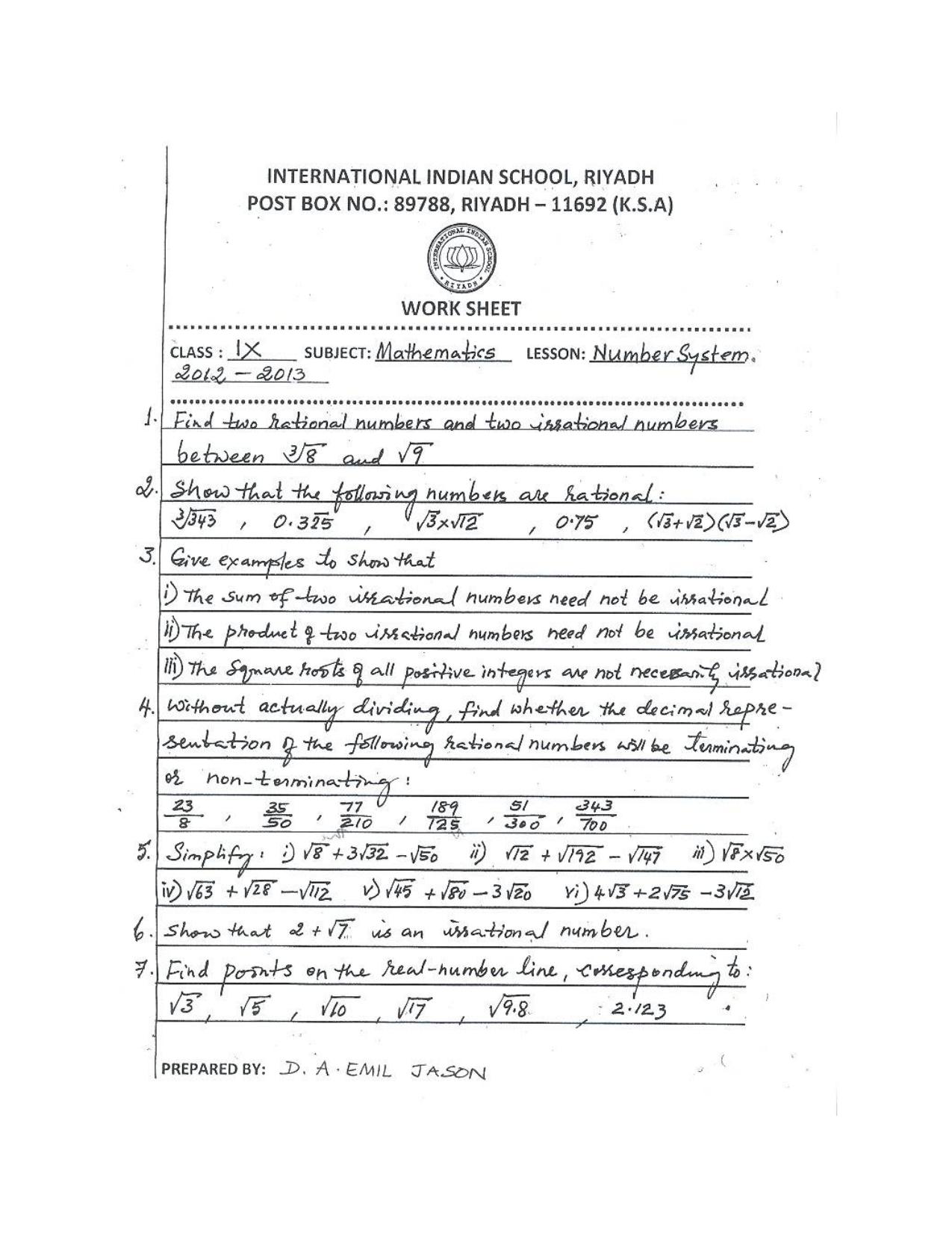 CBSE Worksheets for Class 9 Mathematics Number System Assignment 4 - Page 1