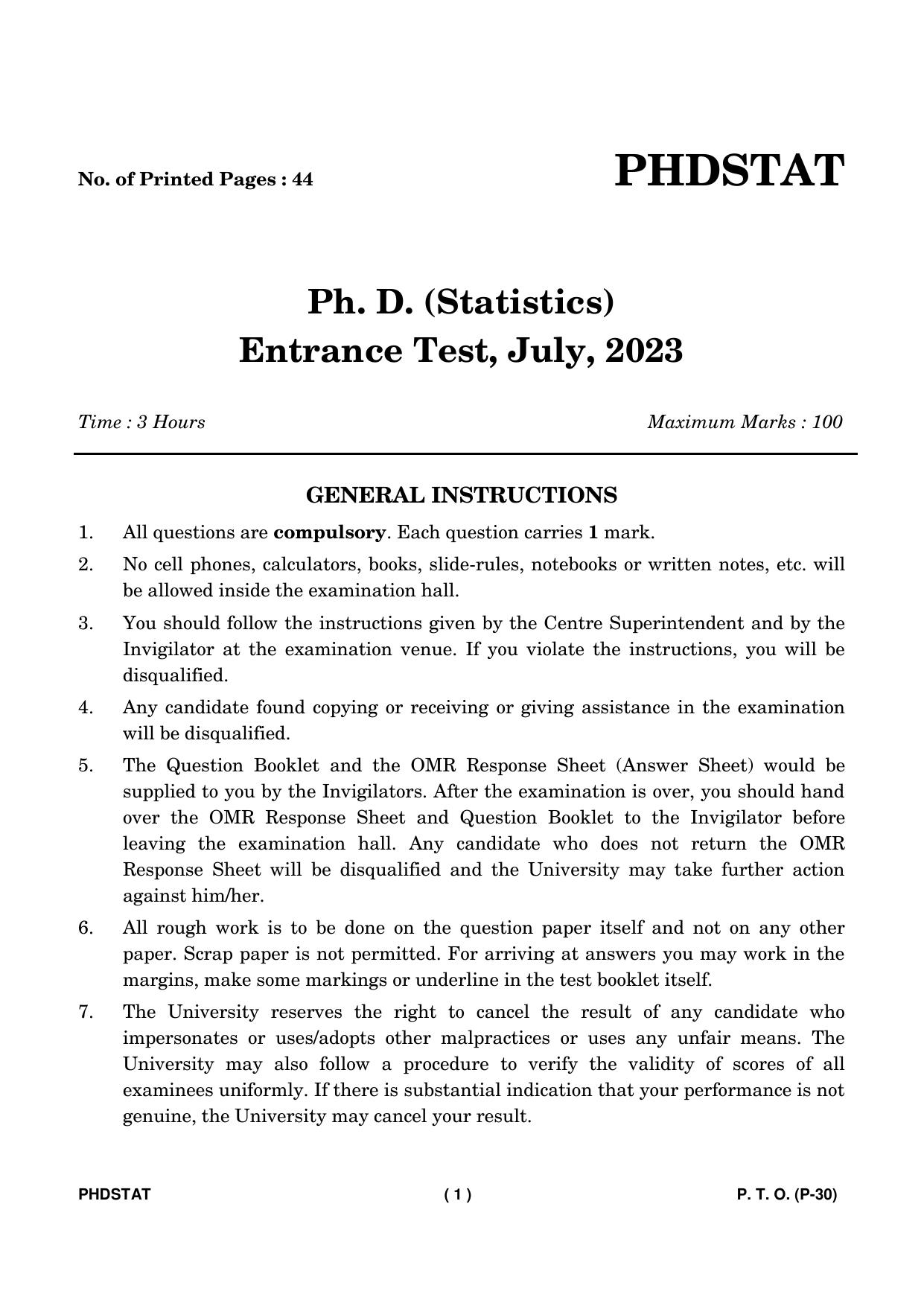 IGNOU PhD Entrance Test Ph. D. (Statistics) Entrance Test, July, 2023 Question Paper - Page 2
