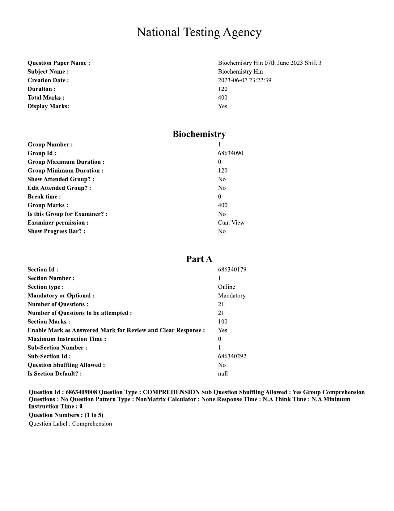 CUET PG 2023: SCQP05 – Biochemistry (Hindi)-shift 3 (07-06-2023) Question Paper - Page 1