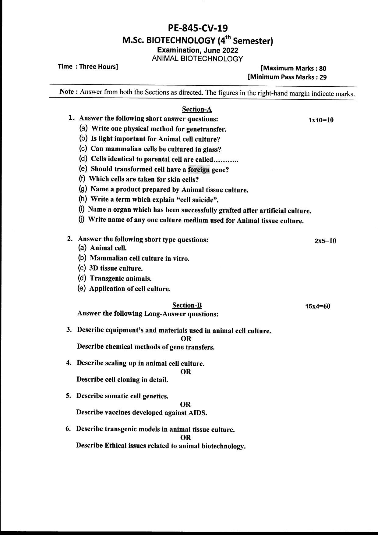 Bilaspur University Question Paper June 2022:. Biotechnology (Fourth Semester) Animal Biotechnology Paper 1 - IndCareer Docs Bilaspur University Question Paper June 2022:. Biotechnology (Fourth Semester) Animal Biotechnology Paper 1 - IndCareer Docs