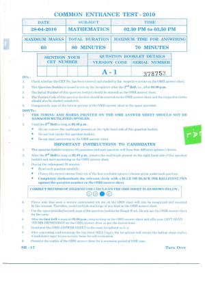 KCET Mathematics 2010 Question Papers
