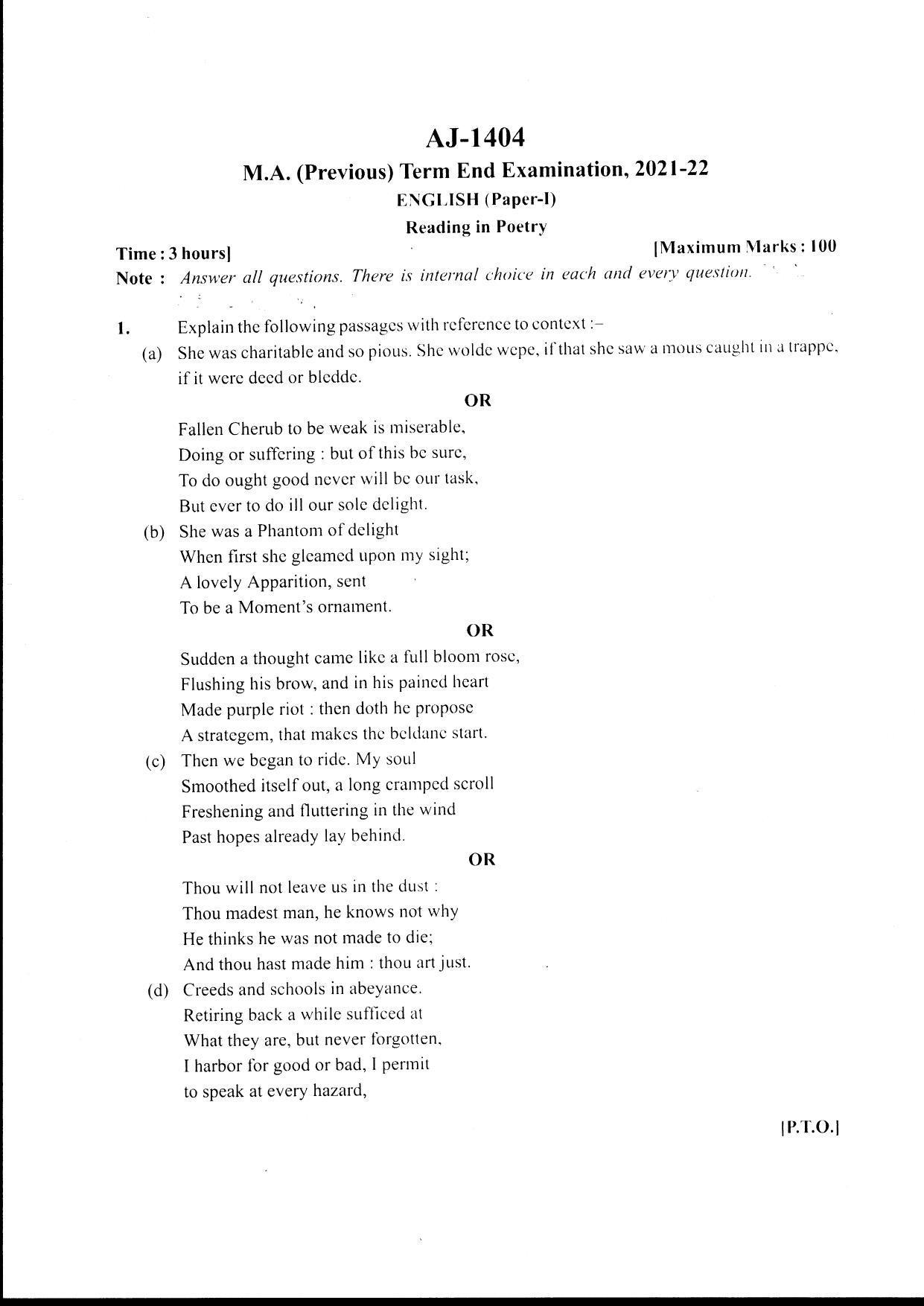Bilaspur University Question Paper 2021-2022:M.A (Pravious) English Readings In Poetry Paper 1 - Page 1