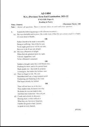 Bilaspur University Question Paper 2021-2022:M.A (Pravious) English Readings In Poetry Paper 1