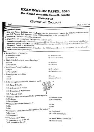 JAC Class 11 2020 Botany & Zoology Question Paper