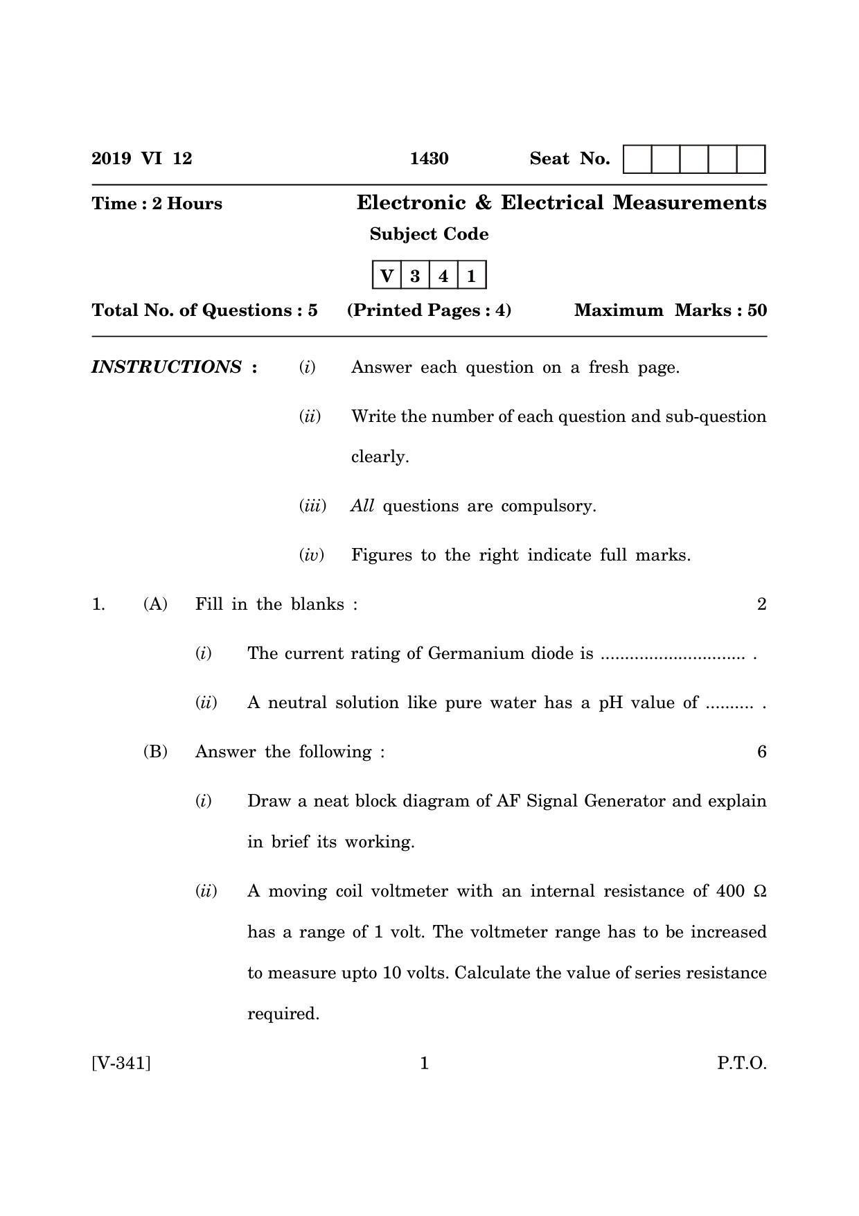 Goa Board Class 12 Electronic and Electrical Measurements 2019 (June 2019) Question Paper - Page 1